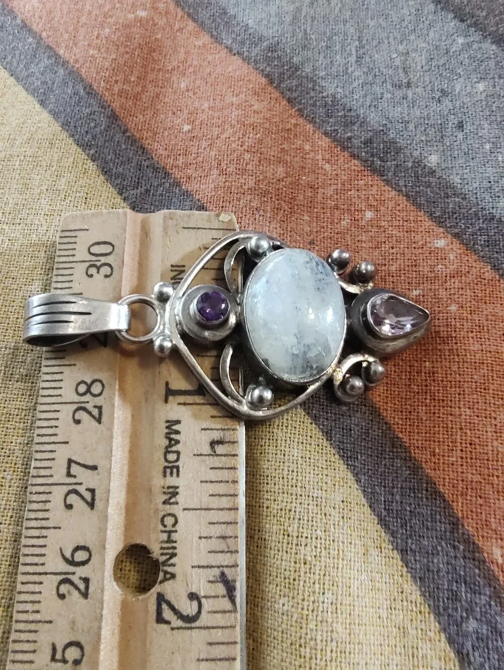Vintage 925 Sterling Silver Moonstone Amethyst Artisan Statement Pendant